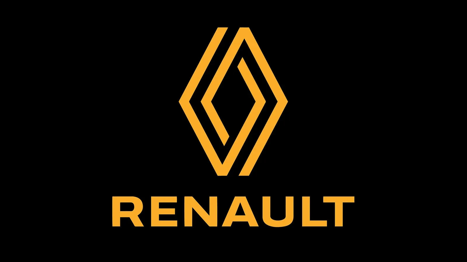 Żółte logo Renault, podwójny romb nad napisem RENAULT, na czarnym tle